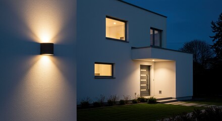 Modern house exterior at dusk with outdoor lighting illuminating the facade.