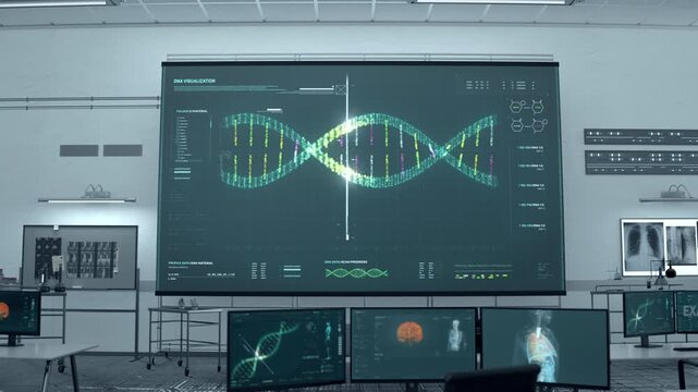 Scan Of Patients DNA In Medical Laboratory To Check Covid Influence On Genes. Innovative Analysis System Of Medical Laboratory For Genetic Scan. Medical Examination. Biotech Laboratory Scan. Research