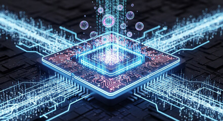Futuristic glowing microprocessor with digital data streams and quantum computing concepts.