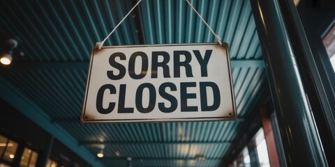 Closed Sign in Window: A weathered Sorry Closed sign hangs prominently in a window, hinting at an era gone by, while the soft light casts intriguing shadows on the shopfront.
