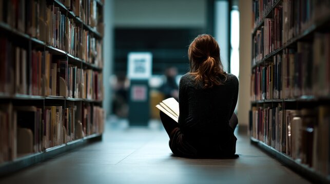 Woman Reading Book on Library Floor Surrounded by Bookshelves.