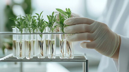 Plant Research: Scientist examines seedlings growing in test tubes, assessing plant growth in a lab environment for agricultural advancements.