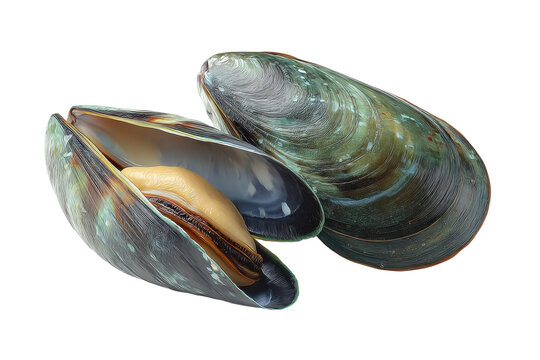 Close-up of fresh green mussels with detailed shell texture on black background, cut out