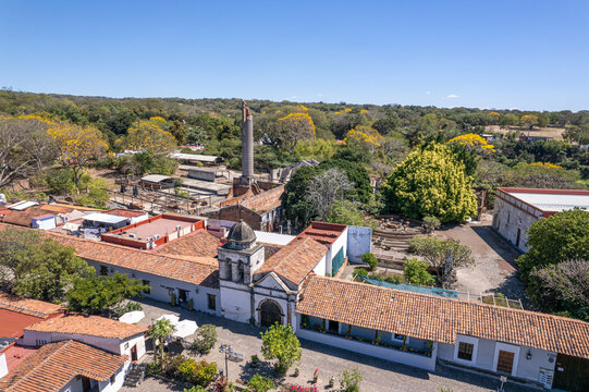 Aerial view University Museum Alejandro Rangel Hidalgo, Old colonial church in the town of nogueras, ex hacienda of the Rangel family. Nogueras, Comala, Colima, June 24, 2024. Chapel of Nogueras