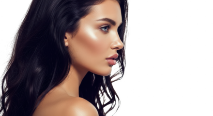 A woman with long dark hair and captivating blue eyes, in profile with glowing skin isolated on transparent background