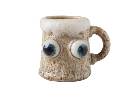 A quirky ceramic beer mug with googly eyes, filled with frothy beer. background removed