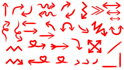 Collection of various hand-drawn red arrows, pointing in different directions, with diverse shapes.