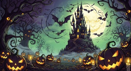 Spooky Halloween Night Scene with Haunted Castle and Jack-o'-Lanterns