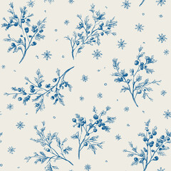 Vector Seamless Vintage Toile Christmas Pattern 8 with Holly Berry Branches. Editable vector seamless pattern in vintage toile engraving style. Hand-drawn holly berry branches with leaves and scattere