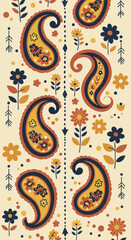 Elegant paisley pattern design with floral accents on a light beige background