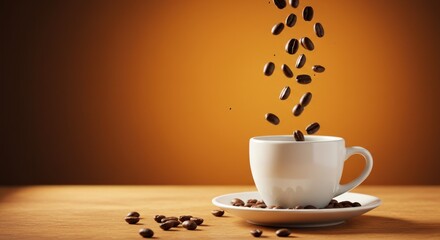 Coffee beans falling into a white cup on a wooden surface brown background.