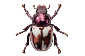 A 3D rendered image of a metallic rose-gold beetle with white markings, viewed from above. background removed