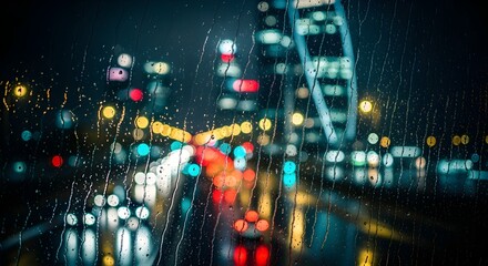 Rain drops on glass window, blurry city lights outside, neon and cinematic look