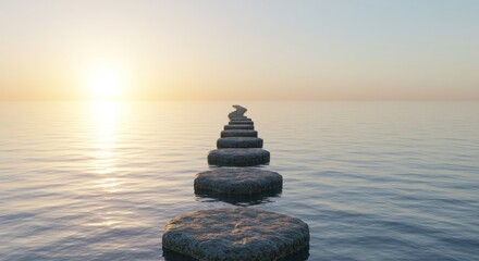 Stacked stones in water with sunset or sunrise creating a peaceful scene.