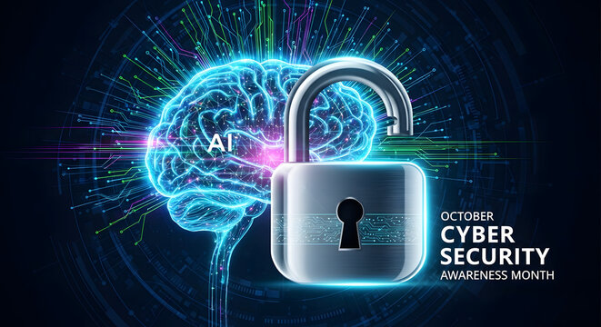Cybersecurity awareness month with opened padlock revealing glowing brain, artificial intelligence network security for digital safety and privacy protection