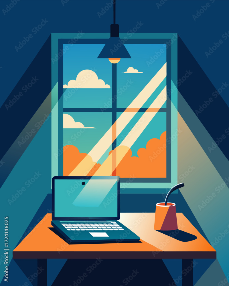 Poster a home office where the sun streams in through the window powering a sleek modernlooking laptop with