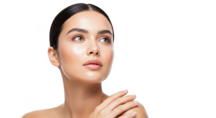 A beautiful woman with glowing skin looks to the side with her hand gently touching her shoulder isolated on transparent background