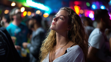 Cinematic portrait photography exploring themes of heartbreak and emotional vulnerability in crowded social environments employs advanced lighting techniques and compositional stor