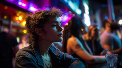 Cinematic portrait photography exploring themes of heartbreak and emotional vulnerability in crowded social environments employs advanced lighting techniques and compositional stor