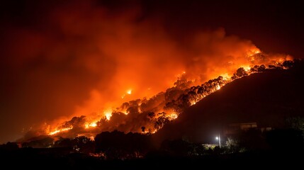 Telephoto shot of bright orange flames illuminating the night sky, creating a dramatic scene of wildfire against a darkened landscape with trees and smoke
