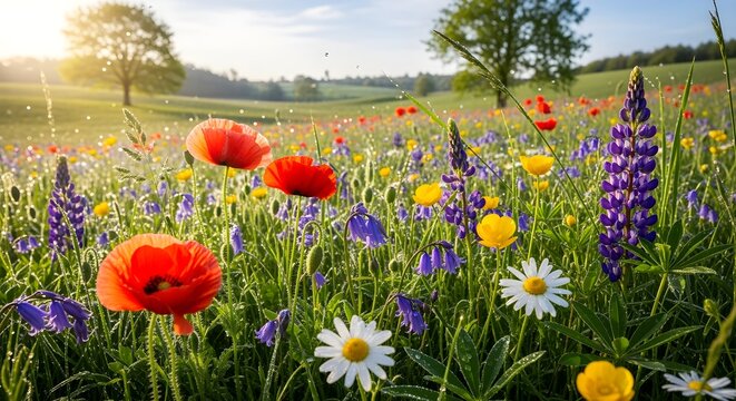 Spring flowers blooming in green meadow, warm sunlight, detailed petals