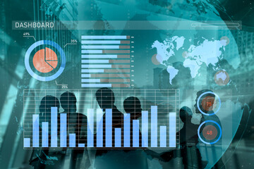 A modern business dashboard displaying data visualization elements including charts, graphs, and a global map, set against an urban backdrop. Impute