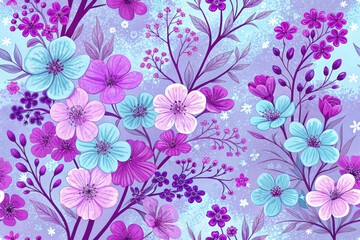 A seamless pattern with purple and blue flowers creates a vibrant and colorful textile design
