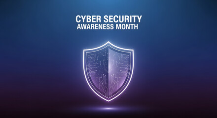 Cyber Security Awareness Month with a futuristic shield design, perfect for online safety campaigns and technology promotions, protecting digital data today