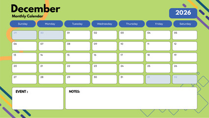 December 2026 Calendar Printable Monthly Planner with Notes