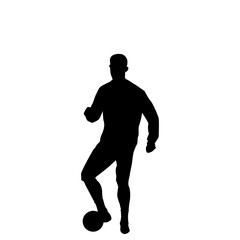 A dynamic silhouette of a male soccer player in action, poised with the ball at his feet.