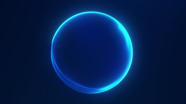 Shiny glowing blue sphere rotating smoothly with fluid abstract motion on dark futuristic background. Seamless loop animation in 4K.