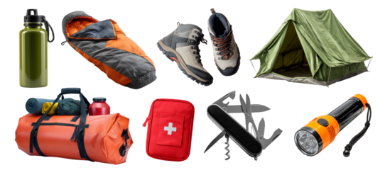Set of camping camper essential supplies, flask water bottle, tent, sleeping bag, multitool, trekking shoes boots, flashlight, First aid kit, clothings towel, transparent cutout PNG. Many mockup