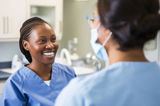 Photo of a dental nurse in light blue scrubs patient talking adult.