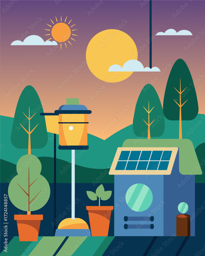 Poster a small garden of solarpowered lights ling automatically as the sun goes down a visual representatio