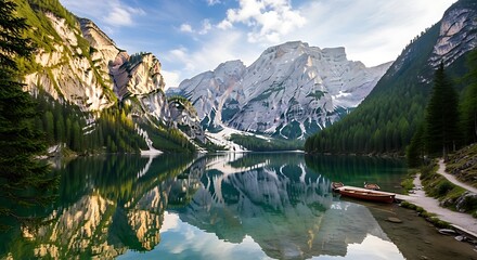 Serene reflections on Pragser Wildsee Lake in the Italian Dolomites Alps