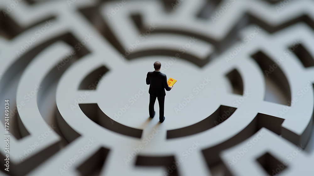 Aufkleber navigating complexity: a miniature figure in a suit with a document stands in the middle of an intri