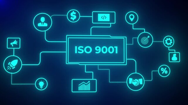 A ISO 9001 concept button on a futuristic ,high performance, monitoring and evaluation ,Blue holographic advanced HUD circle platform glowing dots digital luxurious wave particles flows. 4k