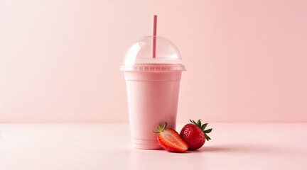 Transparent cup of strawberry milkshake with fruit on light background, 3D render