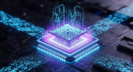 A futuristic glowing microprocessor chip on a circuit board with digital light effects and data visualization.