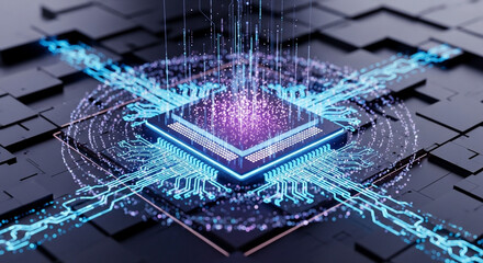 Futuristic microchip processor with glowing circuits representing data flow and artificial intelligence.