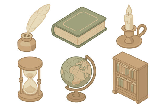 Antique Library Icons. Isometric vector illustration set Antique library items: quill pen, dusty book, candlestick, hourglass,