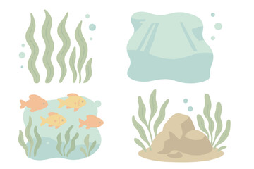 Ocean Forest Icons. Isometric vector illustration set Ocean forest scenery: swaying kelp, sunlight rays, colorful fish, rocky