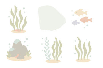Ocean Forest Icons. Isometric vector illustration set Ocean forest scenery: swaying kelp, sunlight rays, colorful fish, rocky