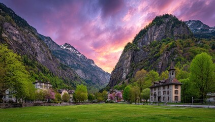 A picturesque village nestled amidst towering mountains, bathed in the vibrant hues of a breathtaking sunset.