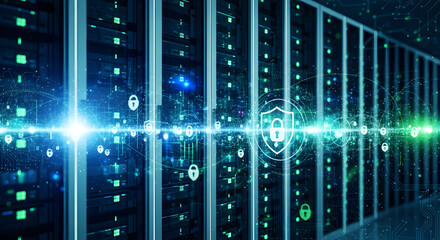 Secure data servers protect private information in modern data center for cybersecurity solutions, encryption software, and network protection services