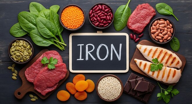 Top view of assortment of iron rich foods with chalkboard centered text