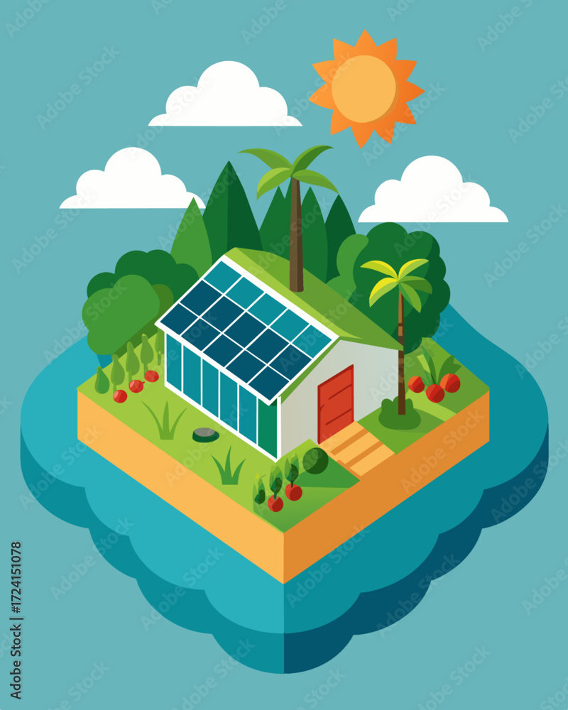 Poster a solarpowered greenhouse on a remote island provides a source of fresh produce for its inhabitants 