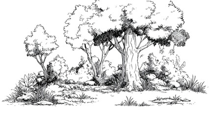 Fototapeta premium Whimsical Cartoon Forest with Trees and Bush - Nature Illustration for Designs