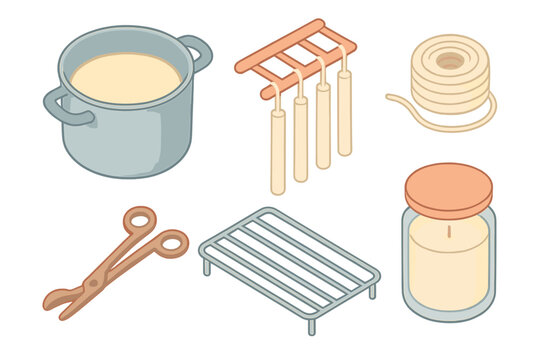Candle Making Tools. Isometric vector illustration set Candle dipping tools: pot with melted tallow, dipping sticks, wick roll,