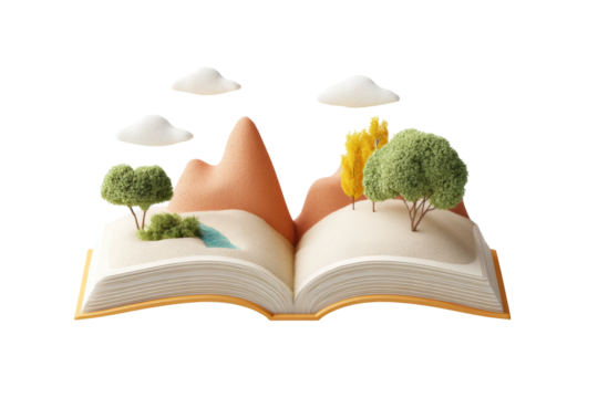 Open book with miniature landscape featuring trees, mountains, and clouds, cut out